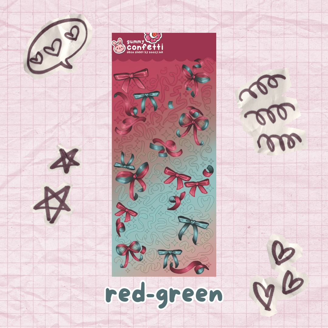 Packaging of gummy confetti with red and green bows on a pink grid background