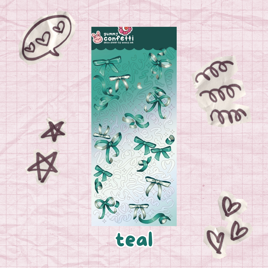 Teal decorative confetti with bows on a pink grid background