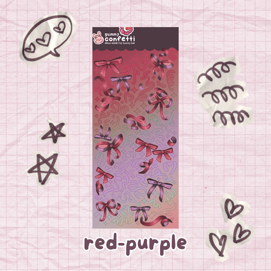 Packaging of red-purple gummy confetti with decorative elements on a pink grid background.