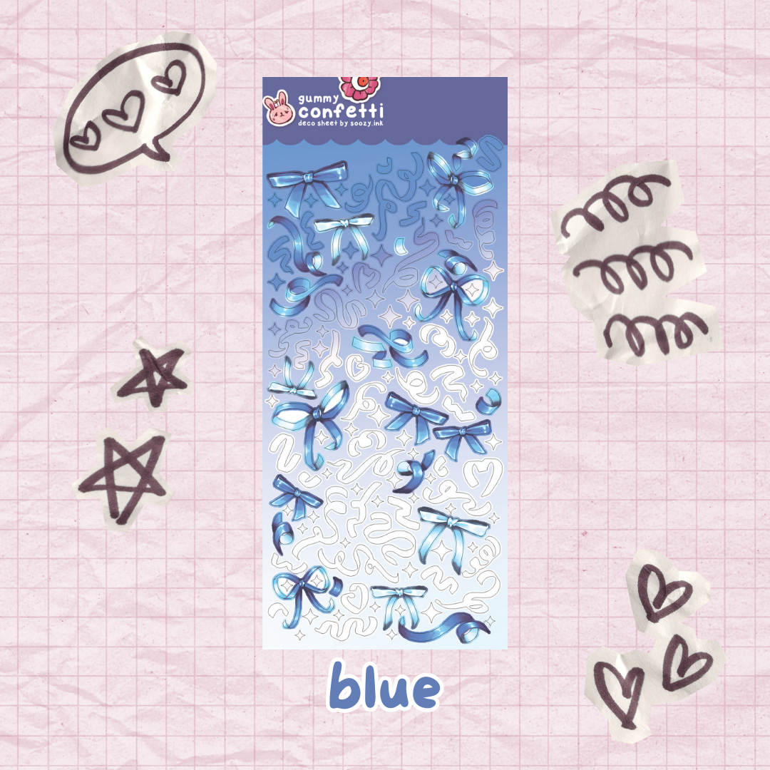 Packaging of blue gummy confetti with decorative elements on a pink grid background