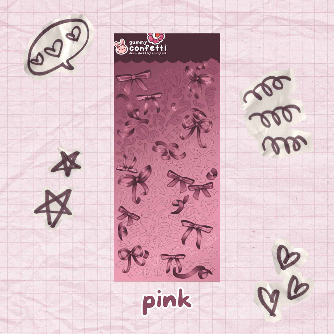 Pink gummy confetti packaging with decorative elements on a pink grid background